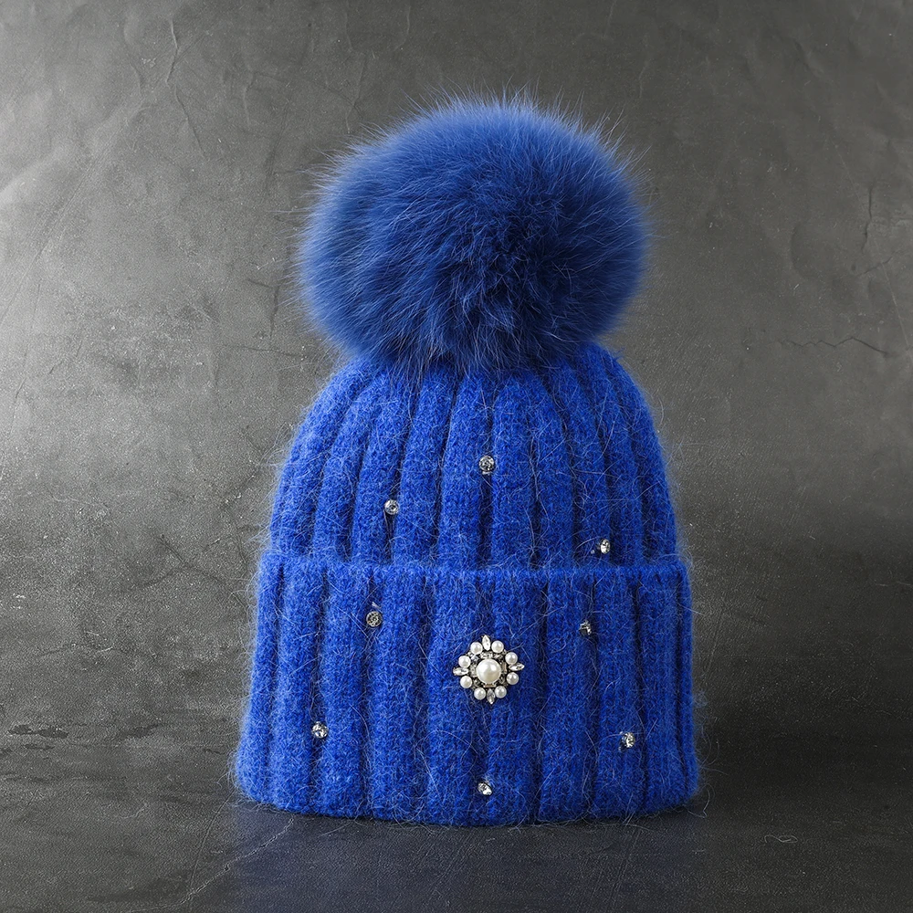 New Luxury Rhinestone Knitted Hat Winter Natural Fluffy Fox Fur Pom Pom Hat for Women Warm Soft Rabbit Fur Skullies Beanies Cap