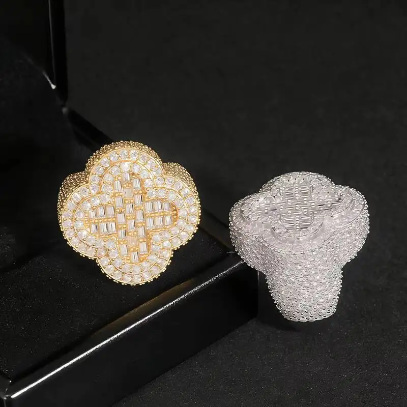 Hip Hop Jewelry 925 Sterling Silver Gold Plated Men Cuban 4 Four Leaf Clover Rings Vvs Moissanite Iced Out Pass Diamond Tester
