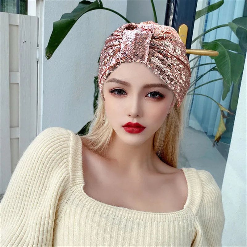 French Retro Sequins Turban Cap for Women Fashion Ladies Headwrap Bonnet Muslim Female Inner Hijabs Headscarf Arab India Hats