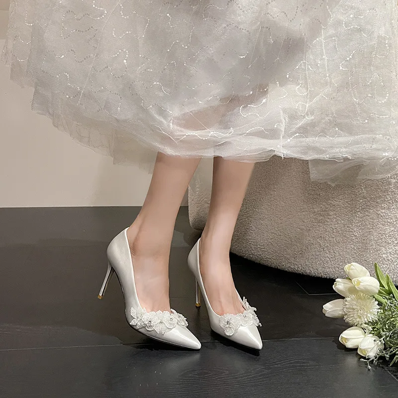 

Satin white flower French wedding shoes, bridal shoes, fairy style bridesmaid dress,high heels,slim heels,plus size single shoes