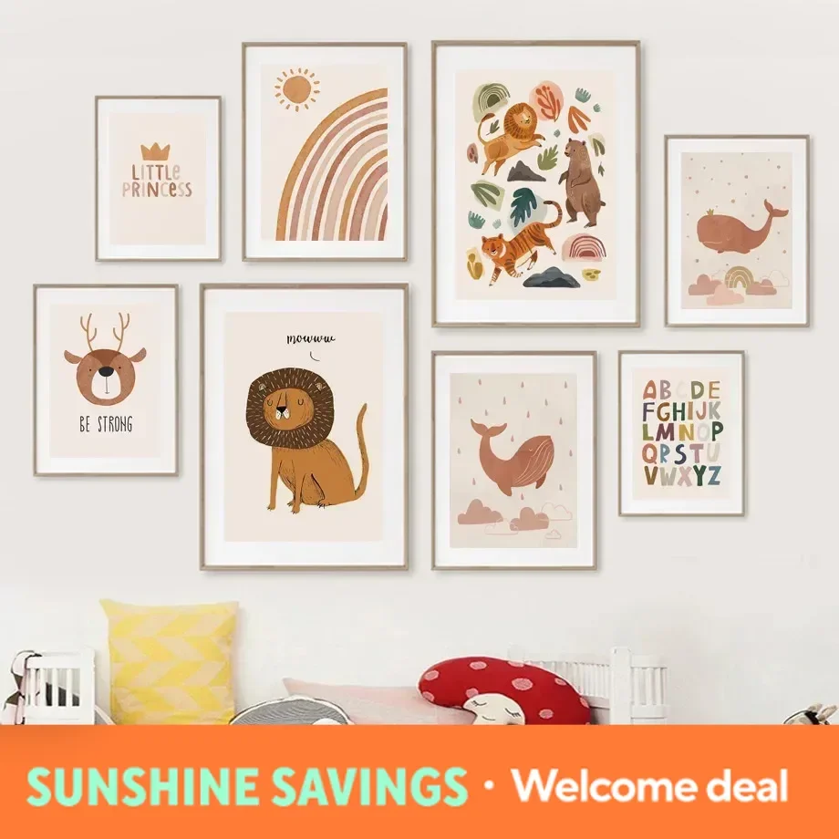 Abstract Lion Whales Sun Rainbow Boho Letter Nursery Posters and Prints Canvas Painting Wall Art Pictures Kids Room Home Deco