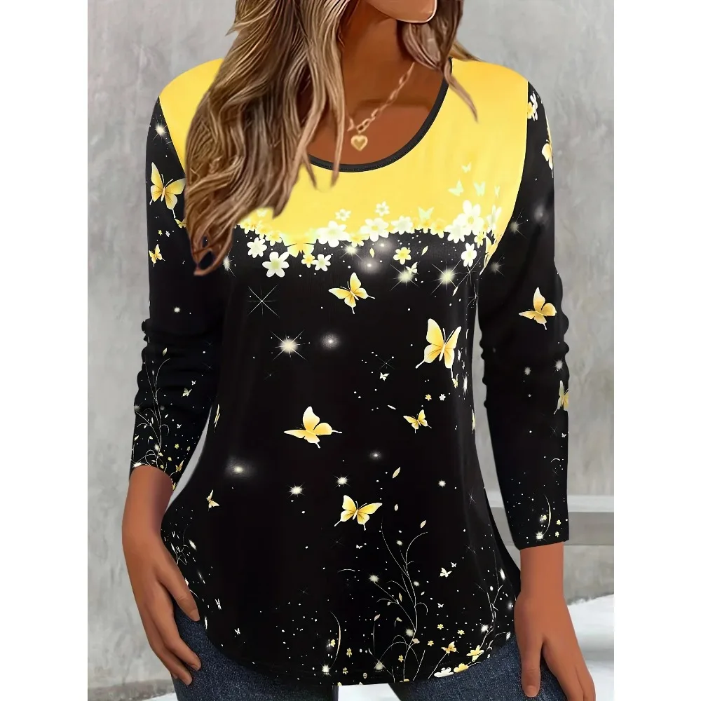 Vibrant Floral 3D Print Crew Neck Long Sleeve T-Shirt Fashion Pattern Women Clothing Casual Y2k Clothes Harajuku Female Clothing