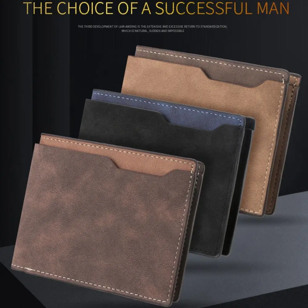 

New PU Leather Men's Short Wallet Black Coffee Two-fold Retro Coin Purse Large Capacity Multiple Pockets Men