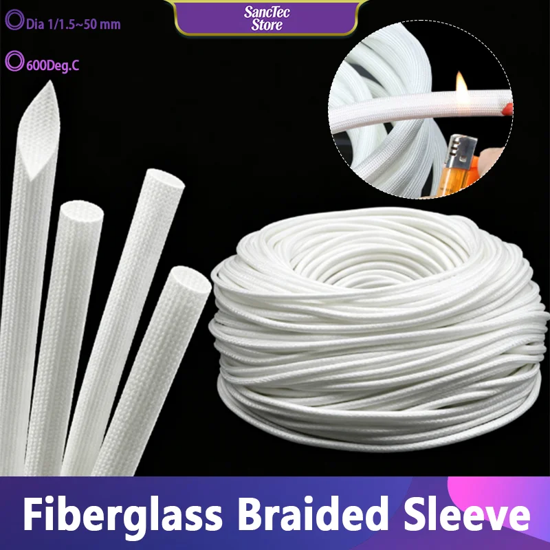 1/5/10M Dia 1/1.5~50 mm 600Deg.C White/Black Fiberglass Tube Chemical Fiber Glass Sleeve Alkali Free Fiber Braided Insulation