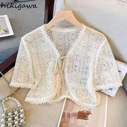 Women Clothing Short Sleeve Lace Blouse Camisas De Mujer Hollow Out Crop Tops Bandage V-neck Solid Color Summer Vintage Shirts