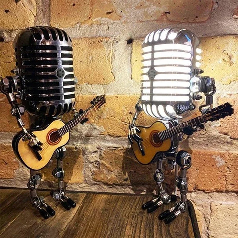 Microphone Table Lamp Vintage Metal Guitar Robot Night Lights Desk Creative Touch Dimmer LED Lamps for Home Decoration