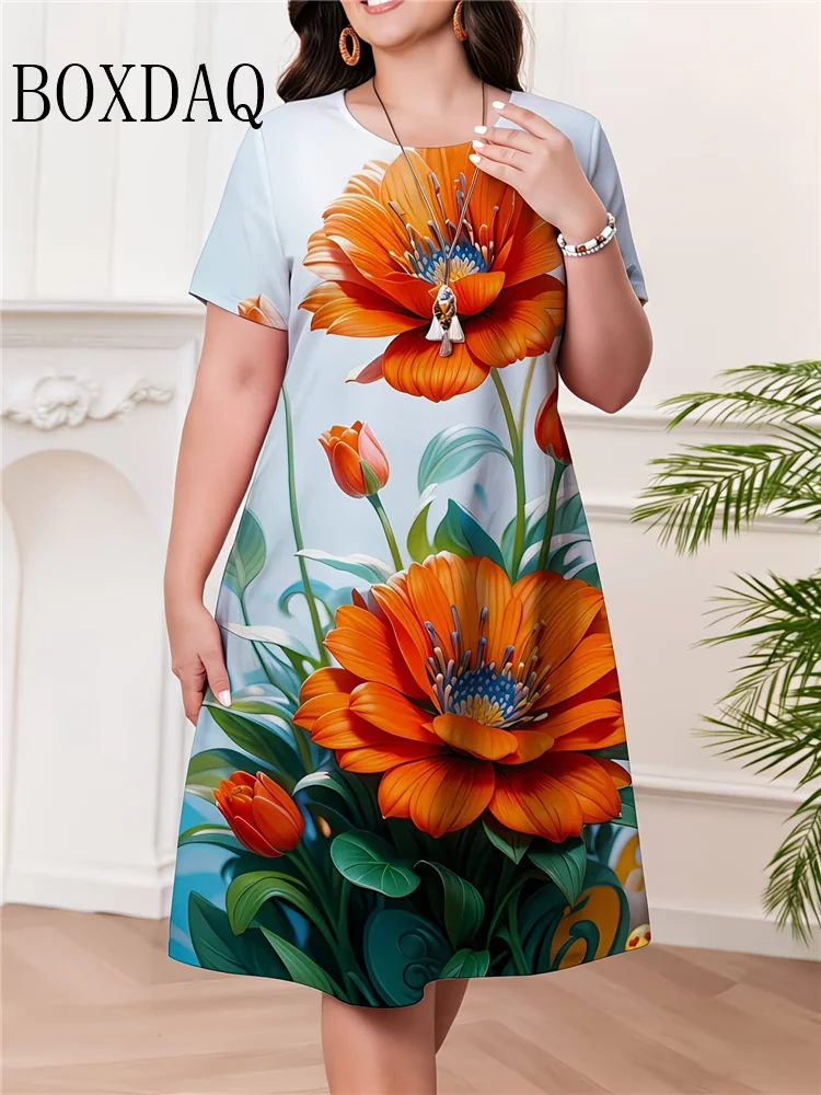Dresses For Women 2026 New Summer Short Sleeve Plant Flowers Loose Dress Casual Floral Printed A-Line Dress Plus Size Clothing