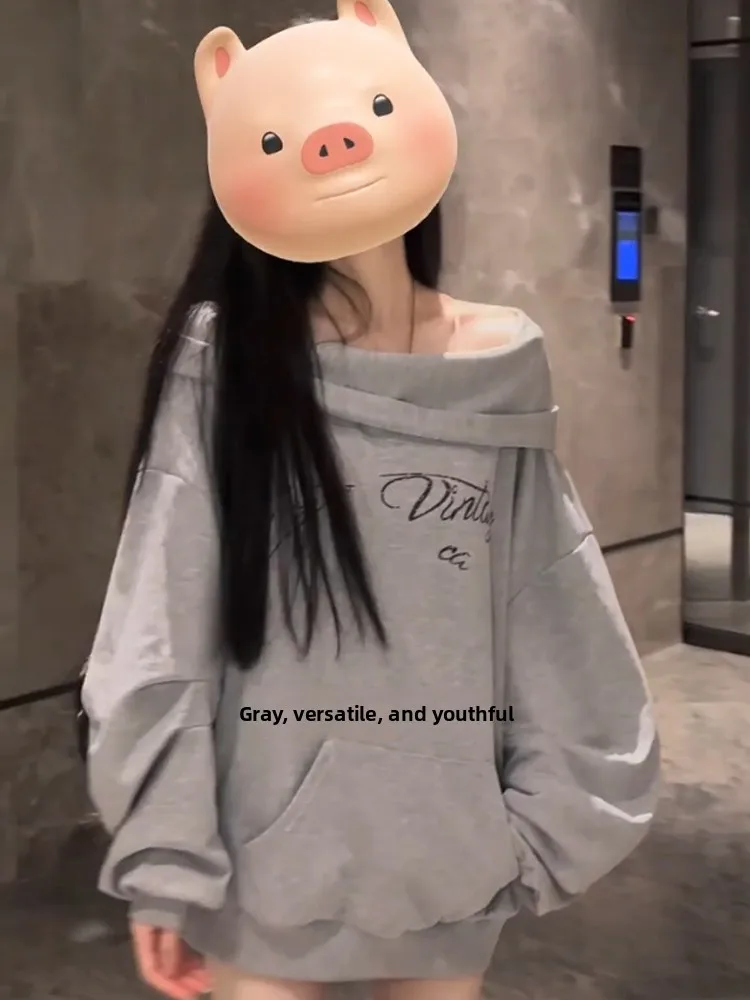 Retro American High Street Hoodie Women's Autumn Winter Fce Oversize Lazy Loose Long Sve Top oulder Bared Streetwear