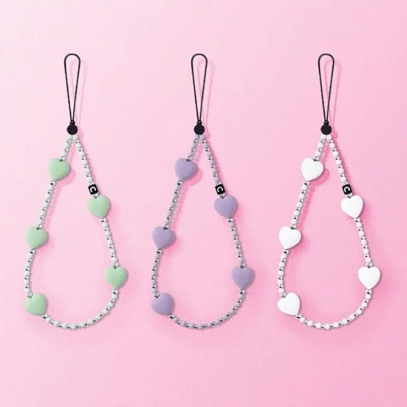 

Green Purple White Heart Phone Charm Short Beads Chain Mobile Phone Straps for IPhone Lanyard Bracelet for Samsung Galaxy