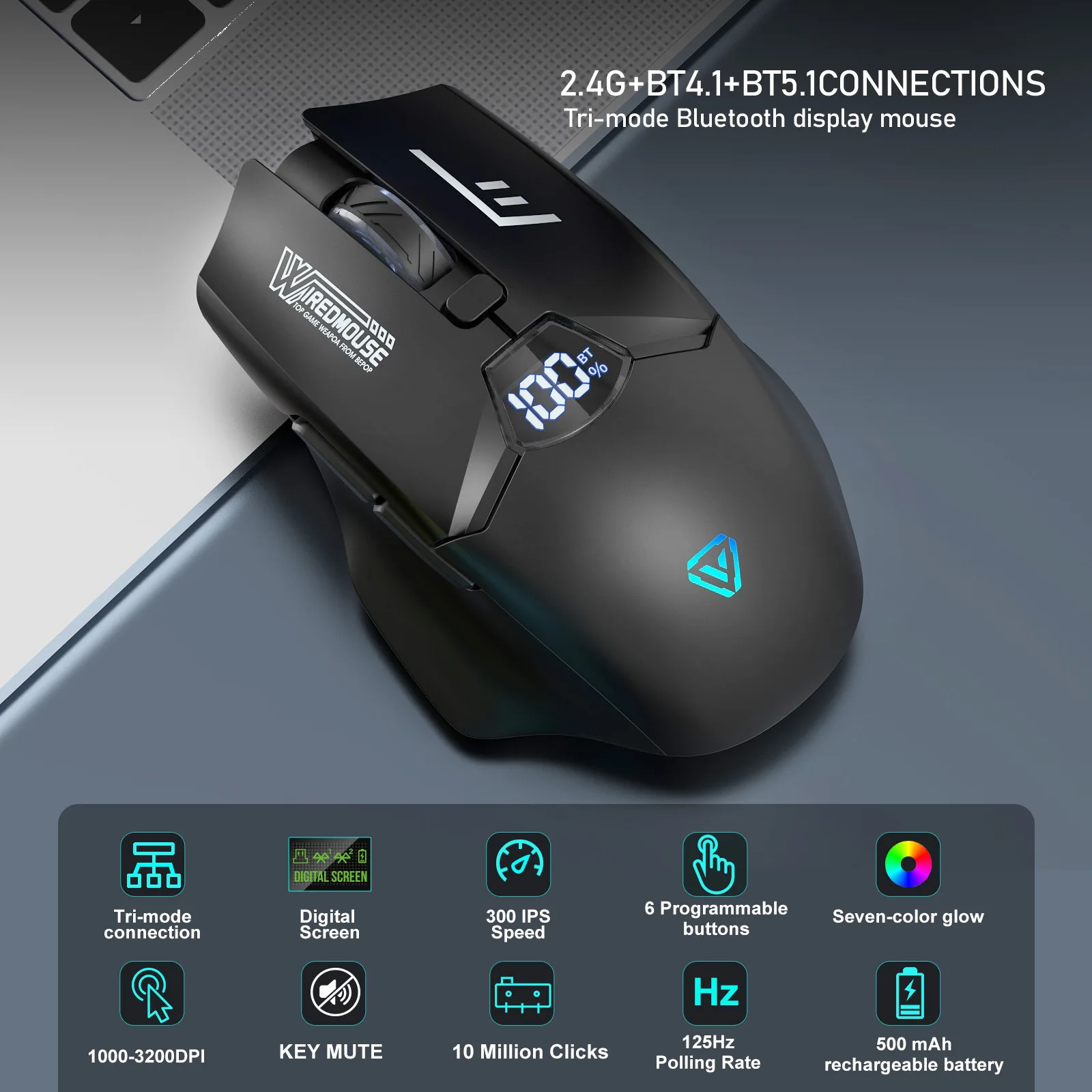 トライモードワイヤレスマウス-24g-bt41-bt51-充電式-rgbバックライト-デジタル電力表示-人間工学に基づいた4段階dpi調整可能マウス