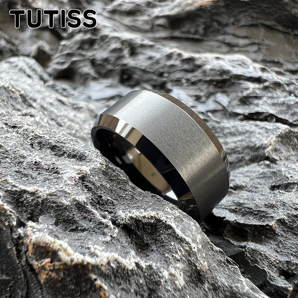 TUTISS 10mm Beveled Edges Matte Finish Gold Tungsten Carbide Ring for Men Women Fashion Engagement Wedding Band