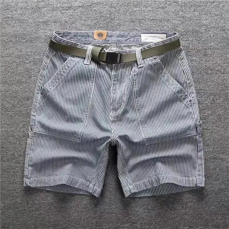 American 2025 Striped Denim Shorts Short Man Brand Loose Straight Breeches Men's Summer Thin Man Jean Shorts Casual Half Pants