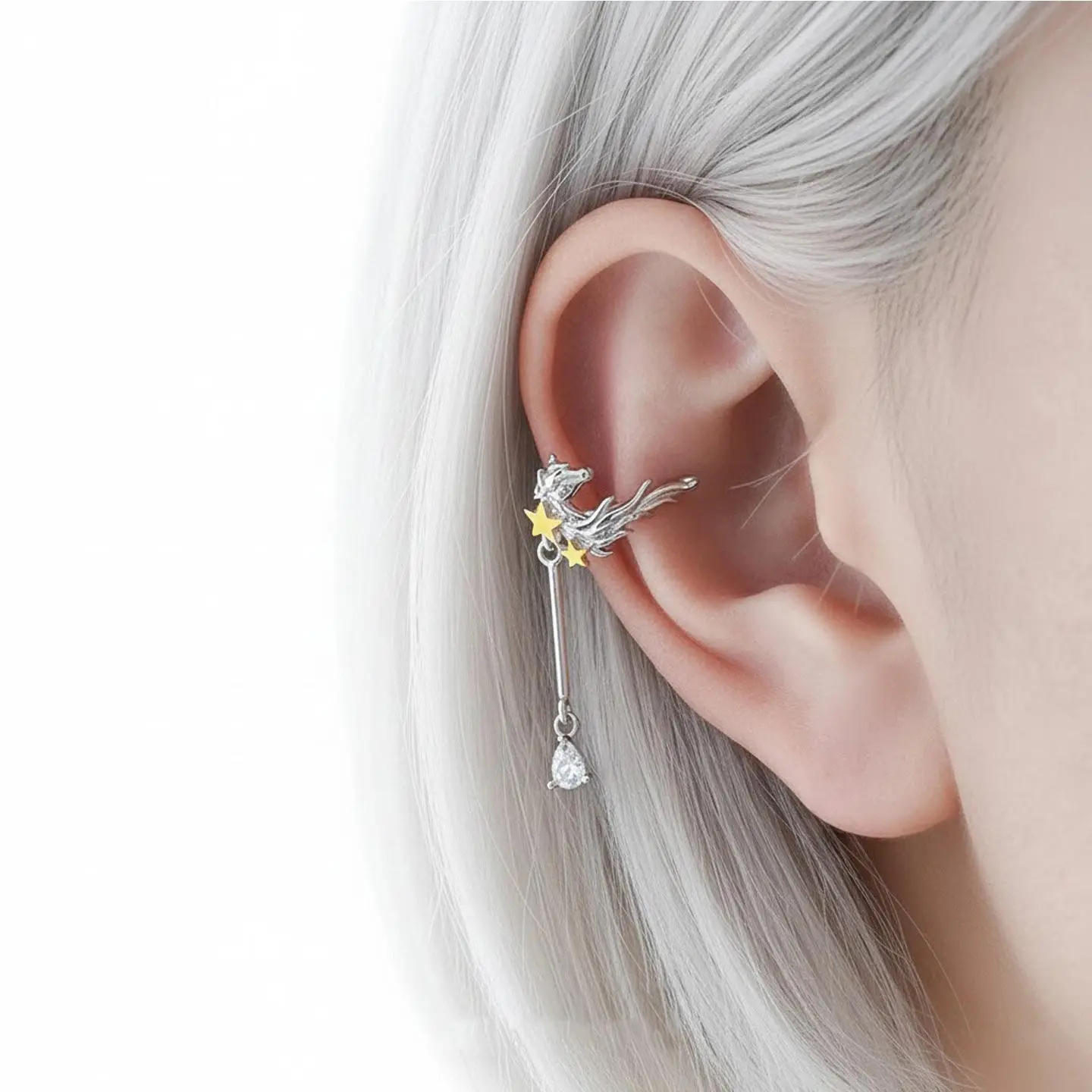 F.I.N.S 1PC Original Star Pony S925 Sterling Silver Ear Clip Color Contrast Waterdrop Zircon Pendant Earcuff Catilage Fine Jewel - view 3