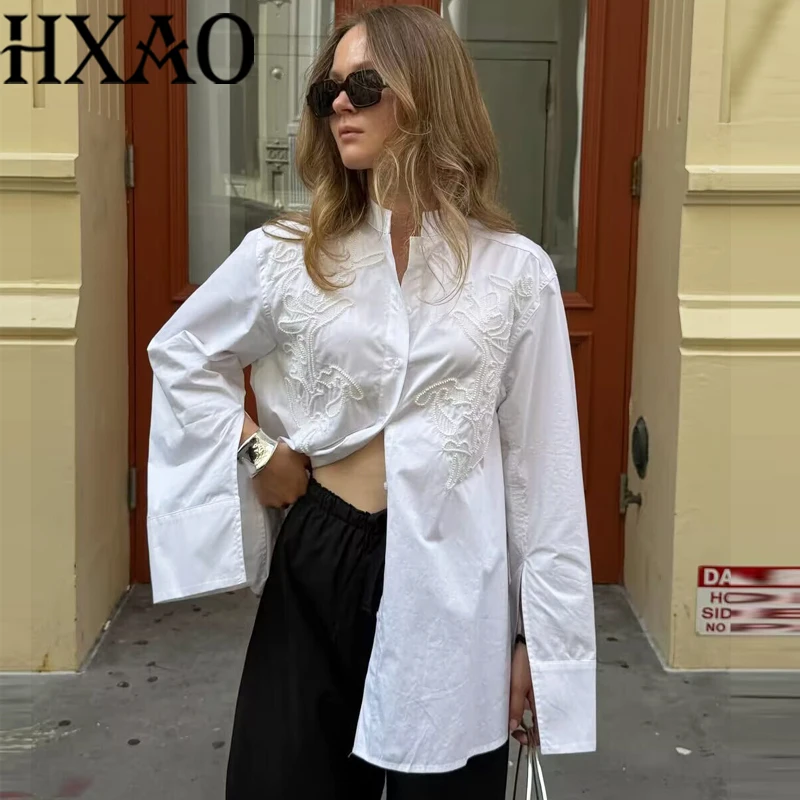 

HXAO Женские рубашки с вышивкой бисером Женская белая рубашка Негабаритный топ с длинными рукавами Черная рубашка Повседневные рубашки на пуговицах для женщин
