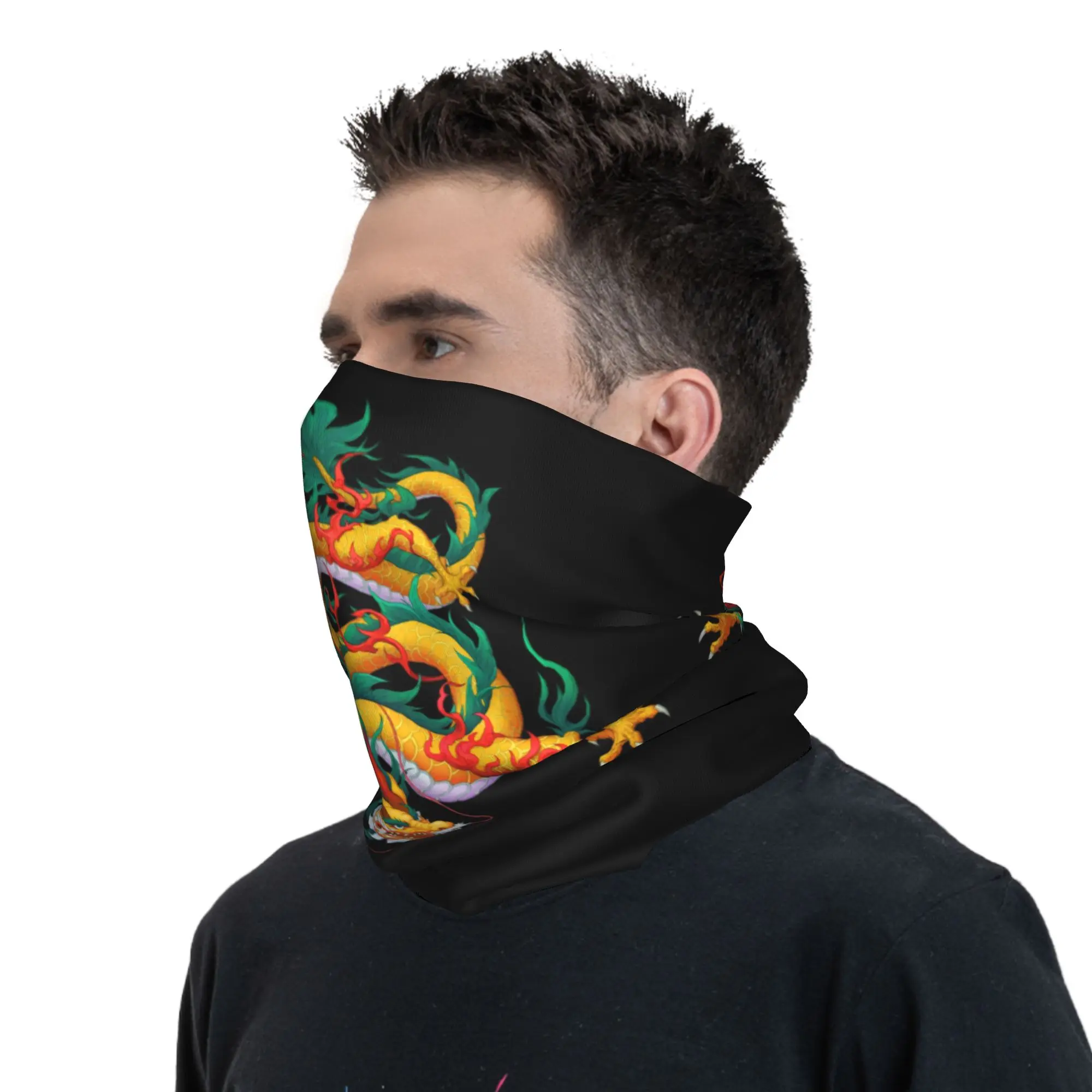 Custom Golden Green Dragon Tattoo Bandana Winter Neck Warmer Men Windproof Wrap Face Scarf for Hiking Chinese Oriental Mythical view 6
