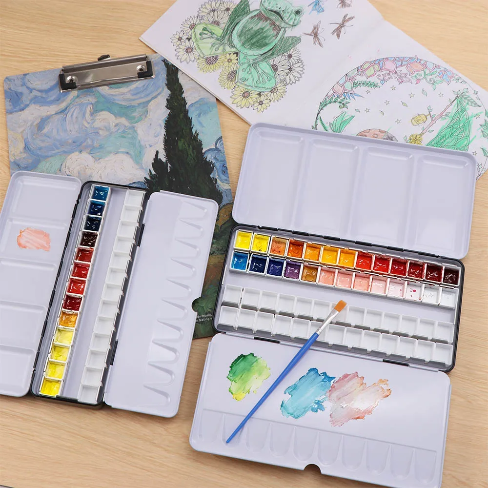 Art Supplies 12/24/52 Grid Empty Watercolor Palette Rectangular Metal Empty Paint Case Thicken Watercolor Tin Palette Travel