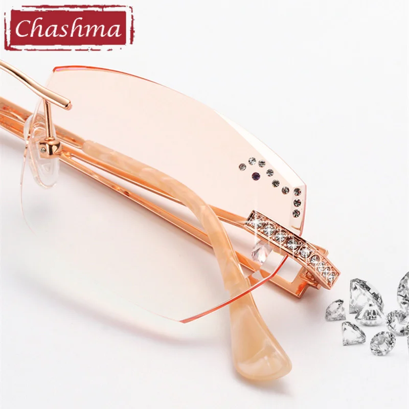 Chashma Rimless Light Frame Diamond Stones Trend Eyeglasses Titanium Lady Elegant Glasses Anti Reflective Spectacles for Women