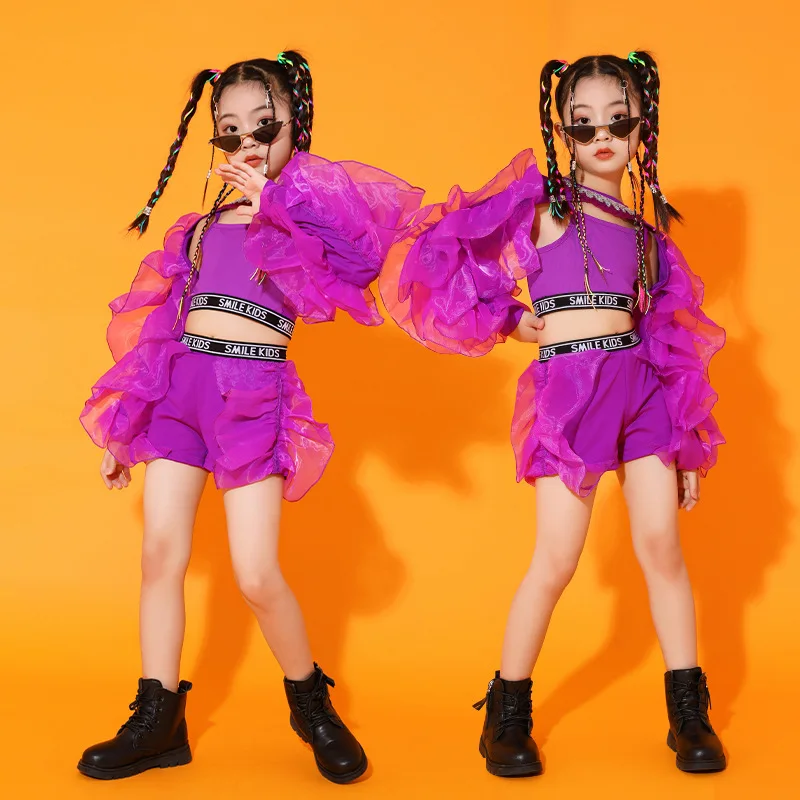 Street Dance Costumes for Girls Jazz Dance Stage Performance Sets Kids Purple Fluffy Sleeves Suit Teenagers Concert Stage Wear