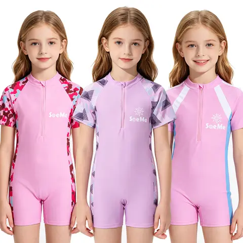 Maiôs para Meninas, Crianças de 3 a 10 Anos, Rosa, Bonito, Roupa de Praia, Maiô de Manga Curta, Conjunto de Uma Peça