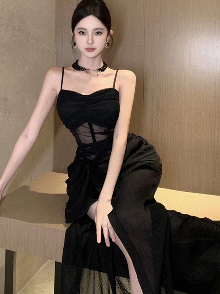 Sexy Bodycon Black Dresses for Women Spaghetti Strap Evening Party Dress High Split Prom Robe Y2K Korean Chic Vestidos Mujer