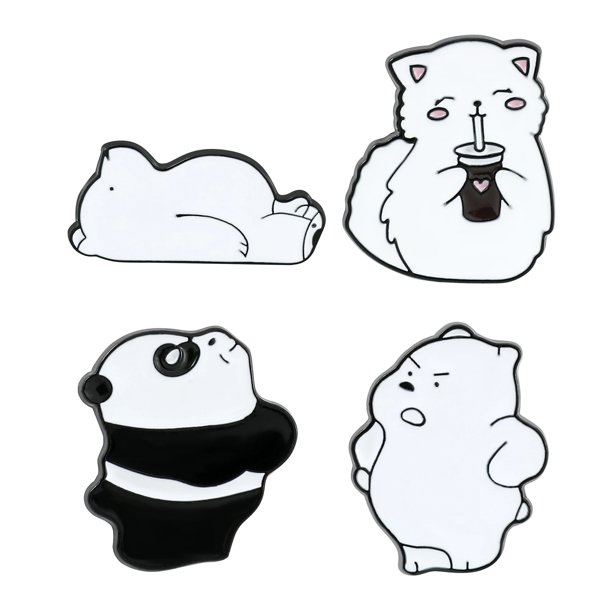 Broche en émail de gros chat blanc, mignon, heureux Mew Mew, boire du jus avec paille, épinglette, badge animal de dessin animé, bijoux cadeau pour les amis