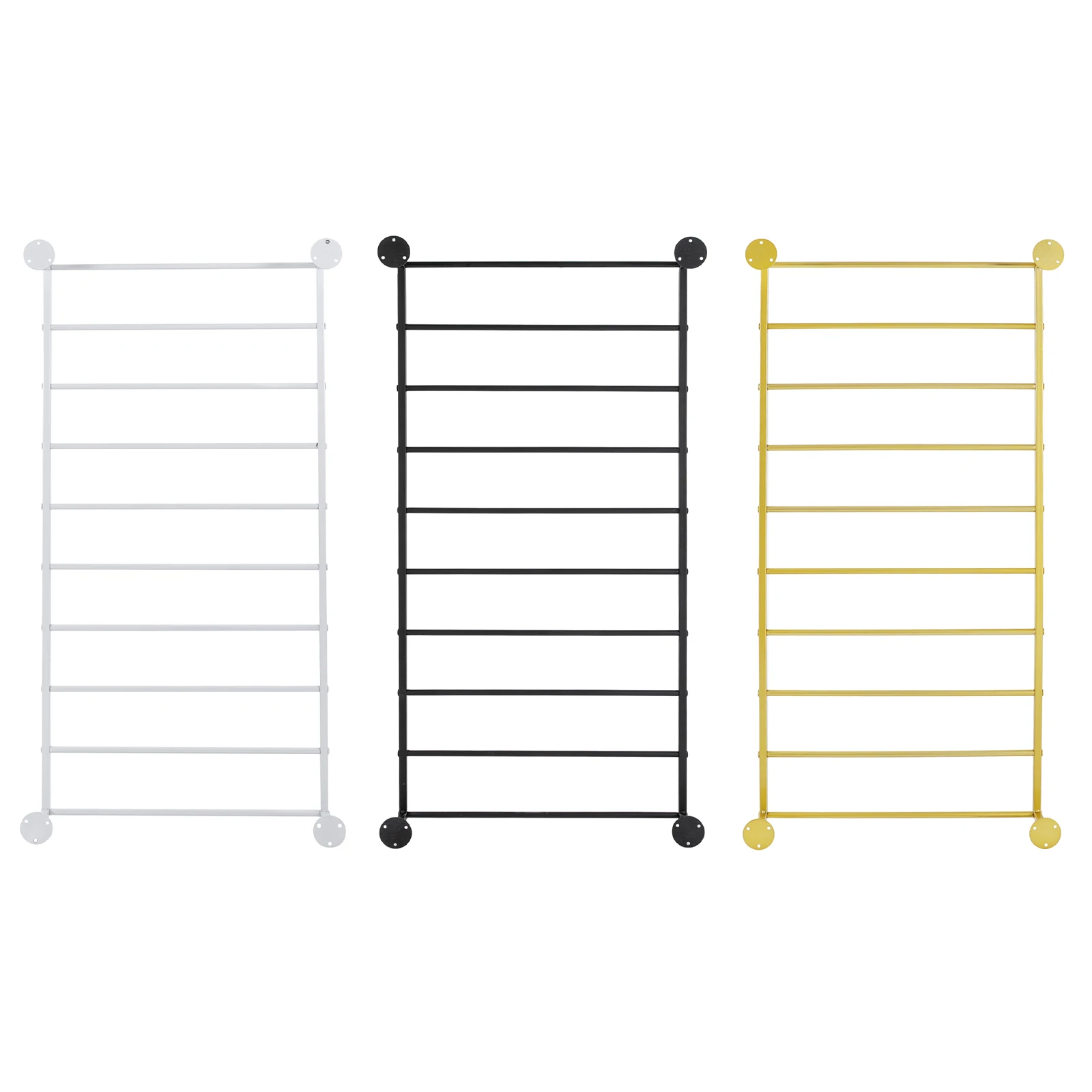 

Elegant Wall-Mounted 10-Tier Scarf Rack, Modern Design, White/Black/Gold Finish, Space-Saving, Durable Iron Structure, Ideal