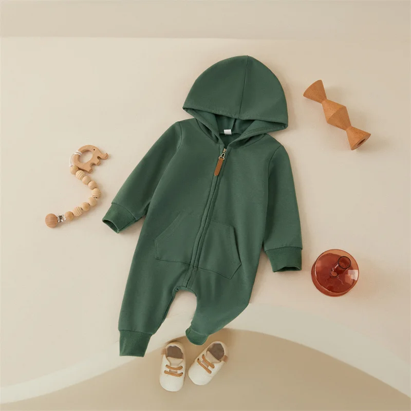 Tregren 0-12M Newborn Baby Boys Girls Jumpsuits Long Sleeve Solid Color Zip Up Hooded Rompers Casual Spring Fall Clothing