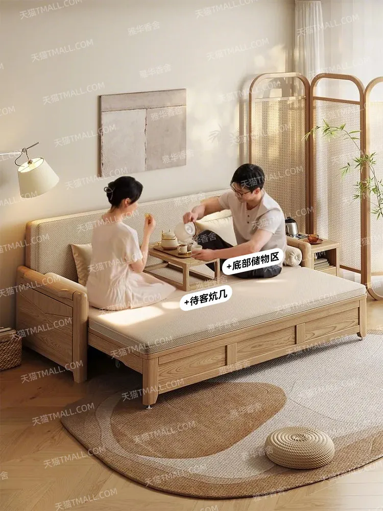 LMM solid wood sofa bed multi-functional push-pull storage double bed study living room folding telescopic