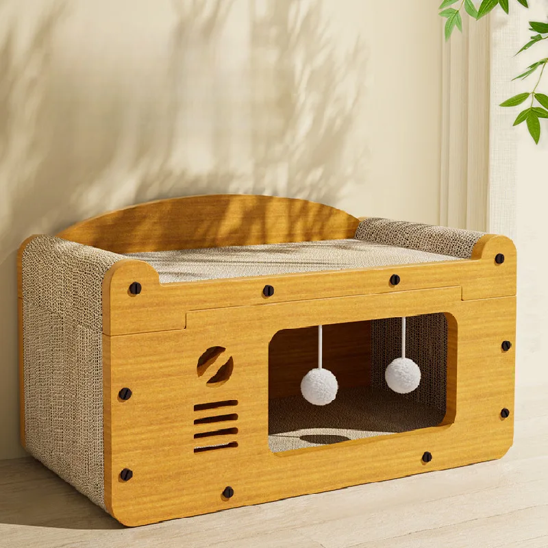 猫スクラッチボードと猫ベッドのコンボ、テレビ型の耐傷性、抜け毛防止、丈夫なキャットハウスおもちゃ、子猫の遊び用