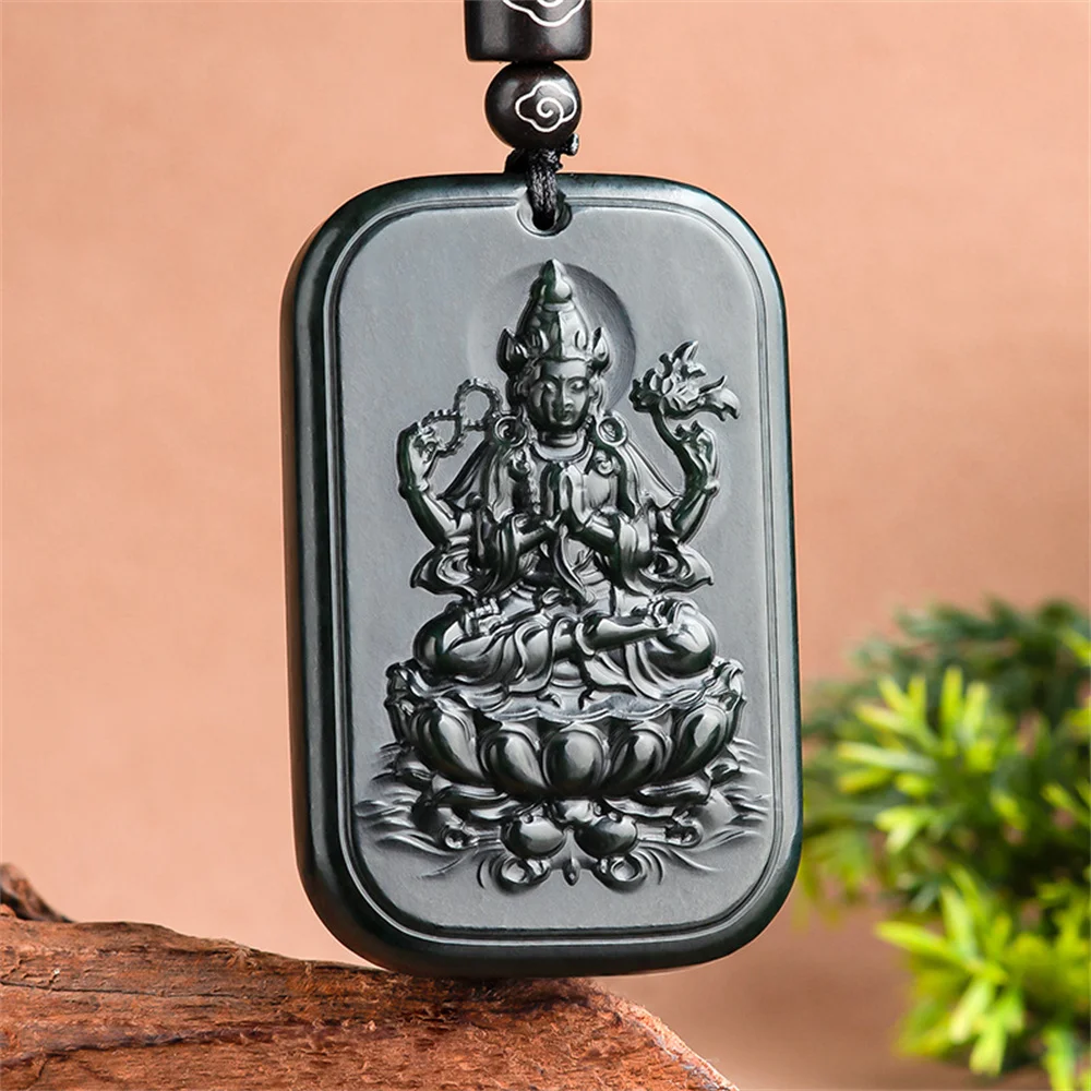 Natural Black HeTian Jade Carved Chinese QianShou GuanYin Lucky Pendant Amulet Necklace Certificate Luxury Jade Jewelry Gift