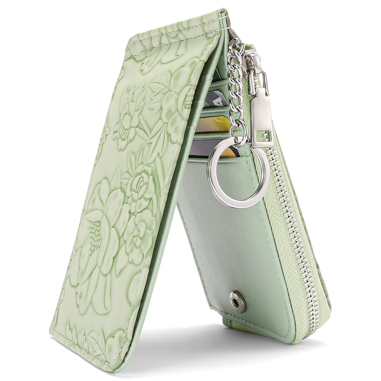 Ladies Embossed Floral PU Leather Short Wallet Keychain Design Zipper Coin Purse Multi‑slot Female Small Card Holder