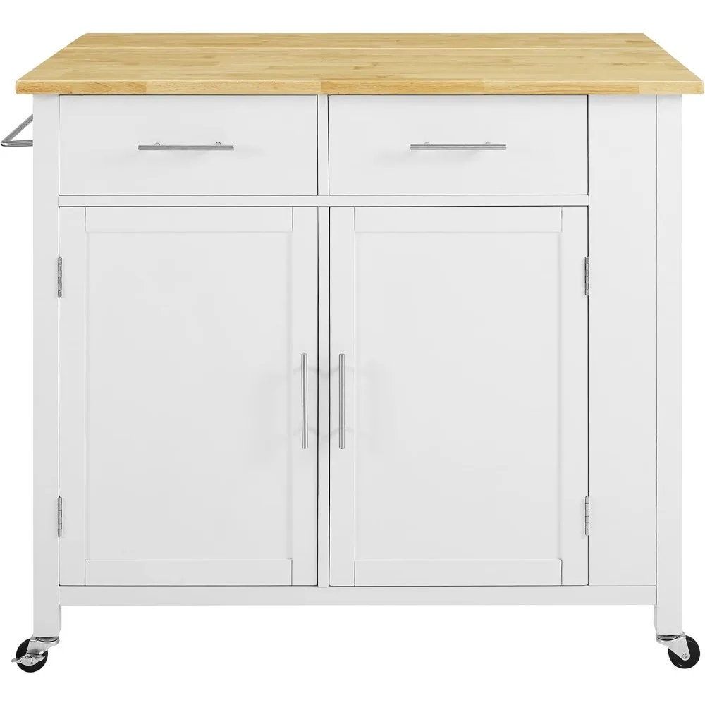 Wood Top Drop Leaf Rolling Kitchen Island Cart with Spice Rack and Shelves, White