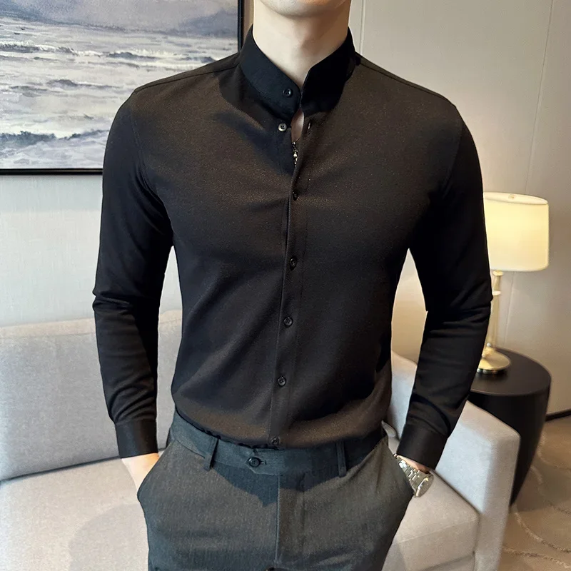 Winter Men Woolen Shirt with British Style Solid Casual Stand Up Collar Thick Warm Wool Formal Dress Shirt Fashion Men Clothing