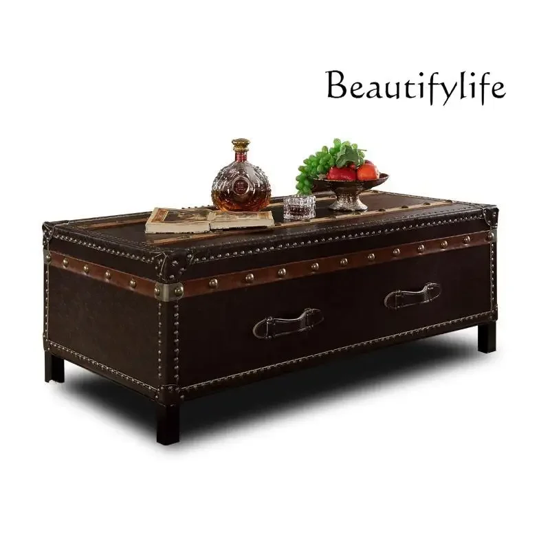 

Medieval leather case coffee table American country retro style oil wax leather coffee table rivet table