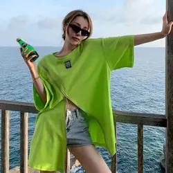Summer New Zipper Patchwork T Shirts Round Neck Short Sleeve Solid Split Hem Tops Tees Trend Korean Casual Women Clothing