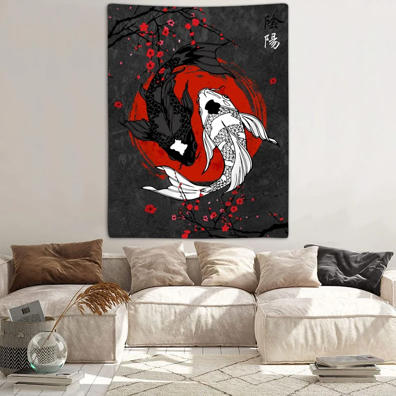 VIKAMA Black White Koi Fish Yin Yang Cherry Blossom Tapestry Japanese Dark Wall Hanging Bedroom Living Room Poster Decor