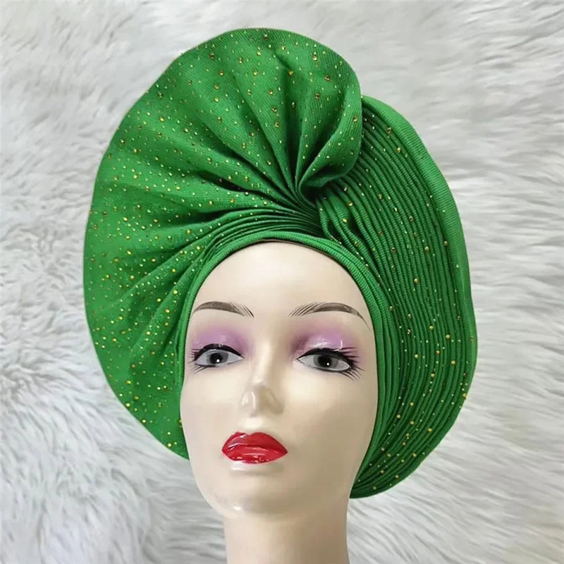 High Quality African Nigeria Gele Elegant Helmet With Stones Headband Turban Head Scarf Head-Hat Auto Gele Brand New Hats 7L3151