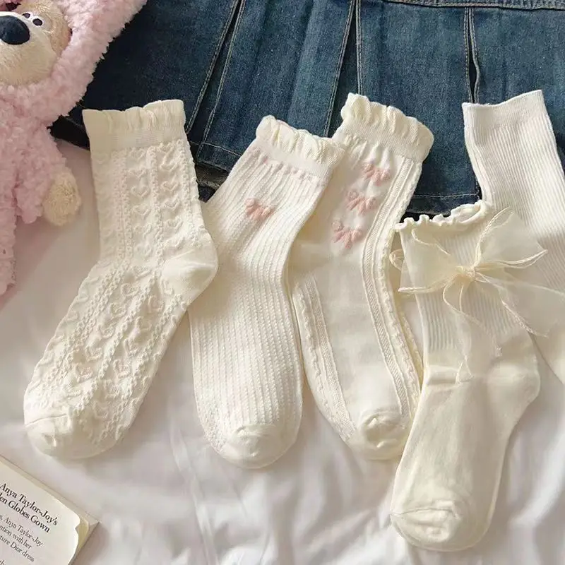 Ensemble de 6 paires de chaussettes Coquette blanches de Style coréen pour femmes, chaussettes d'automne mignonnes japonaises JK avec volants en dentelle, chaussettes mi-tube pour filles