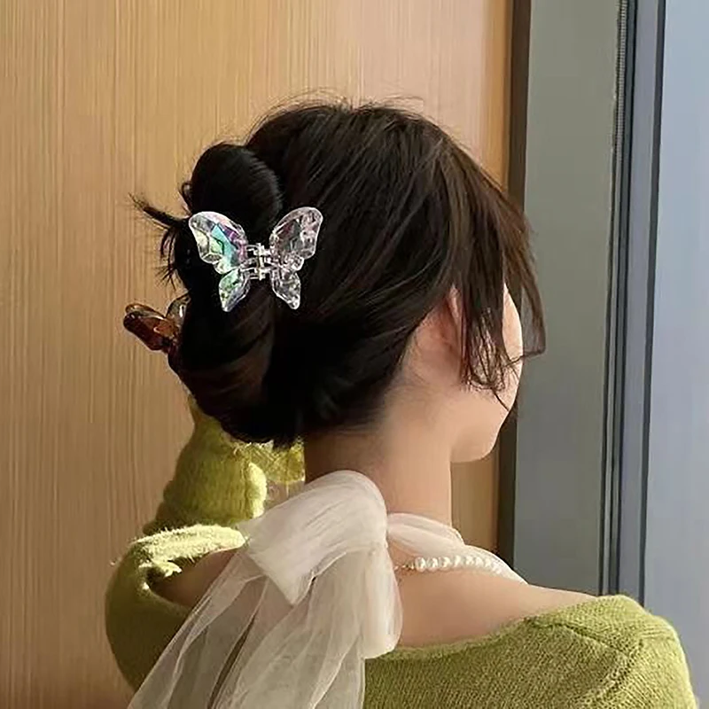 Sweet Colorful Clear Butterfly Hair Claw Women Girls Summer Acrylic Non-Slip Large Crystal Butterfly Hair Jaw Clip For Thin Hair