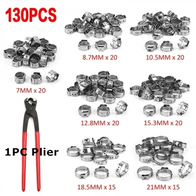 

130PCS Single Ear Stepless Hose Clamps 7-21mm 304 Stainless Steel Hose Clamps Rings Hose Clip Clamp Pliers