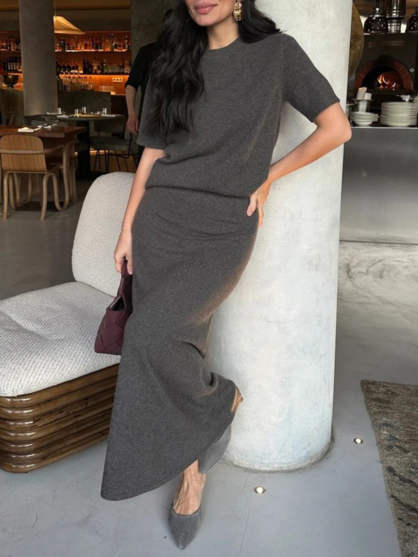 طقم خريفي أنيق للسيدات بأكمام قصيرة وياقة دائرية وتنورة عالية الخصر على شكل حرف A ملابس مكتب للسيدات بطول ماكسي