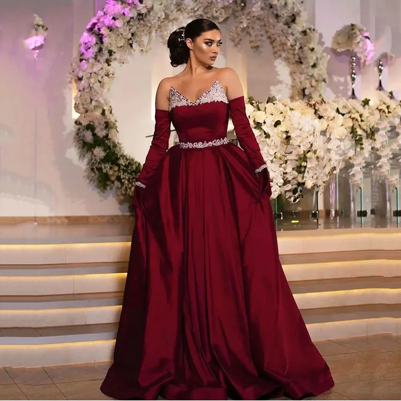 

BridalAffair Modest Brown Silk Chiffon Puff Long Sleeve Arabic Prom Dresses High Neck Lace Bead A Line Women Formal Evening Gown