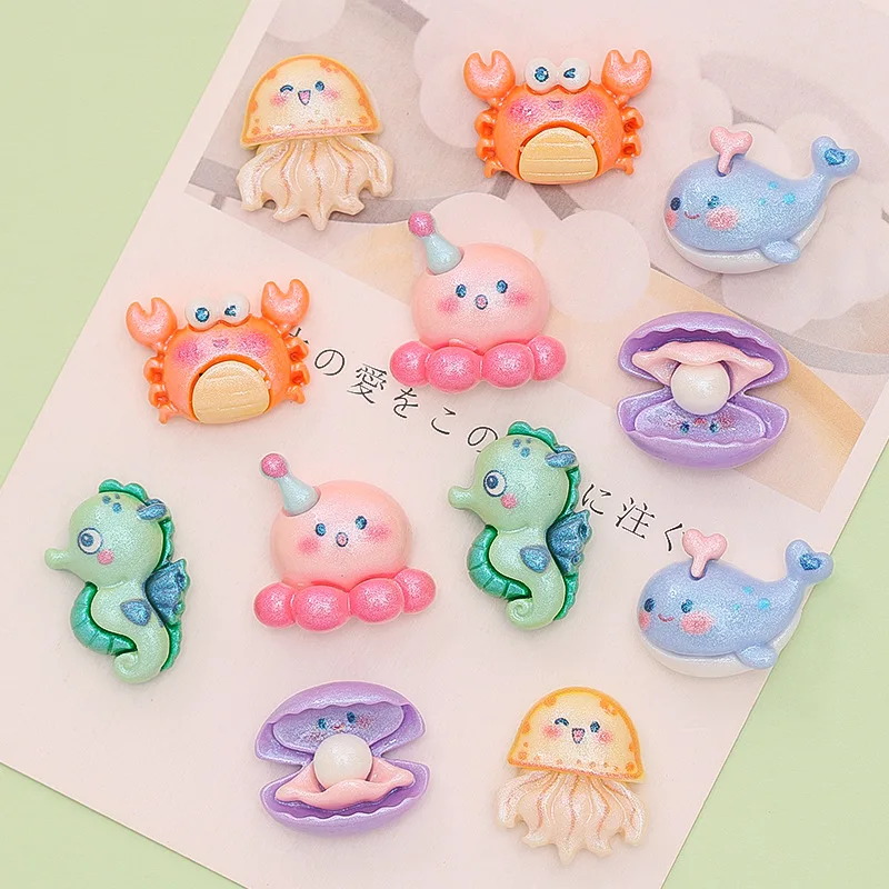 100pcs Plated ocean pearlescent octopus seahorse crab, resin DIY cream glue stationery shoe buckle mobile phone case accessories