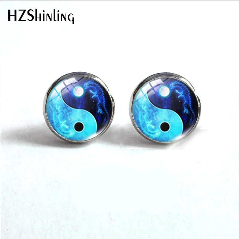 2023 New Arrival Fashion Yin Yang Tai Chi Animals Glass Dome Round Stainless Steel Earring Jewelry Handmade Stud Earrings