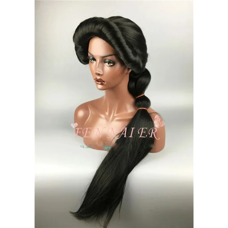 New Arrival Halloween Women lamp Princess Jasmine Black WIg Long Curly Hair Wig Braid Role Play With Free Net Cap