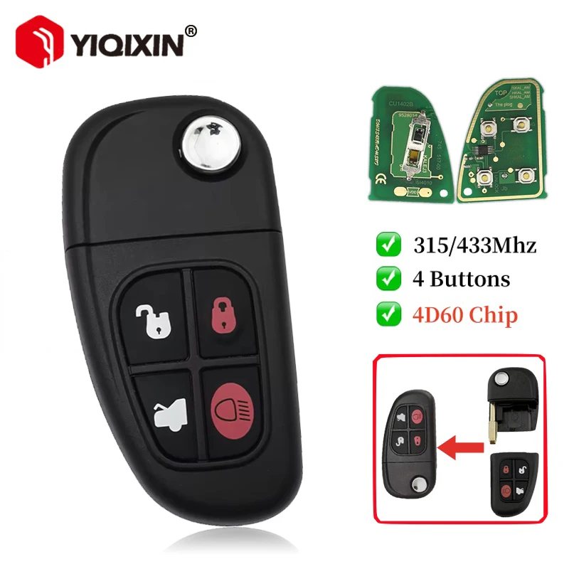 

YIQIXIN For Jaguar X-Type S-Type 1999-2009 XJ XJR XJ8 XK 2002-2008 315/433MHz 4D60 Chip Flip Remote Car Key 4 Button Uncut Blade