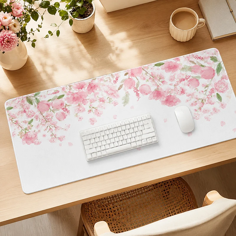 White Pink Flowers Mouse Pad Gamer printon demand Computer Custom New Mousepad XXL Playmat Non-Slip Soft Office Laptop Table Mat