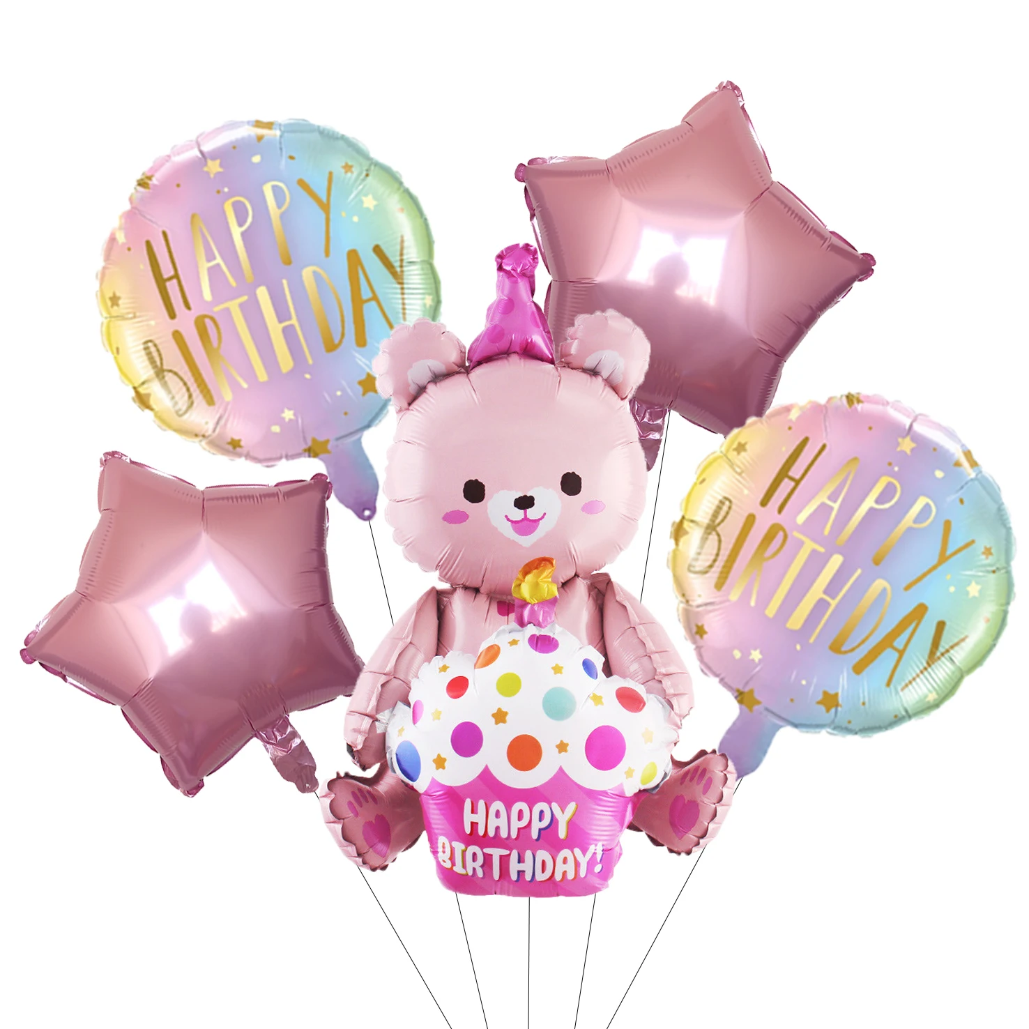 5 PCS Happy Birthday Balloon Set With Stars, Cake Bears Party Decoration And Gender Display