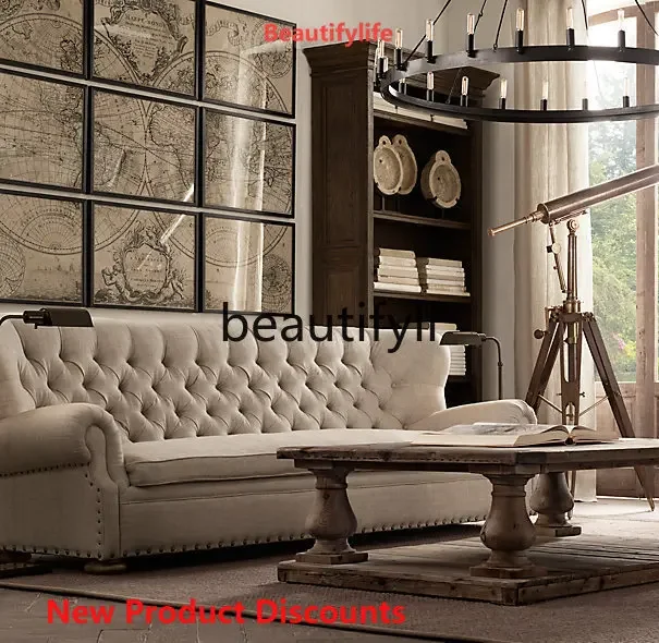 X188 American Style Genuine Leather Sofa for Large Living Rooms, High-Back Retro Style Single, Double, and Three-Seater Sofa Set