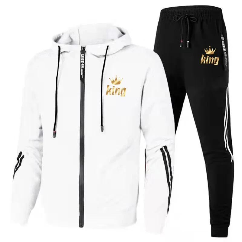 Newest Couple Fashion Zipper Tracksuit Long Sleeve Hoodie + Sports Pants Sets King Queen Pullover Tops Men Women Casual Outfit